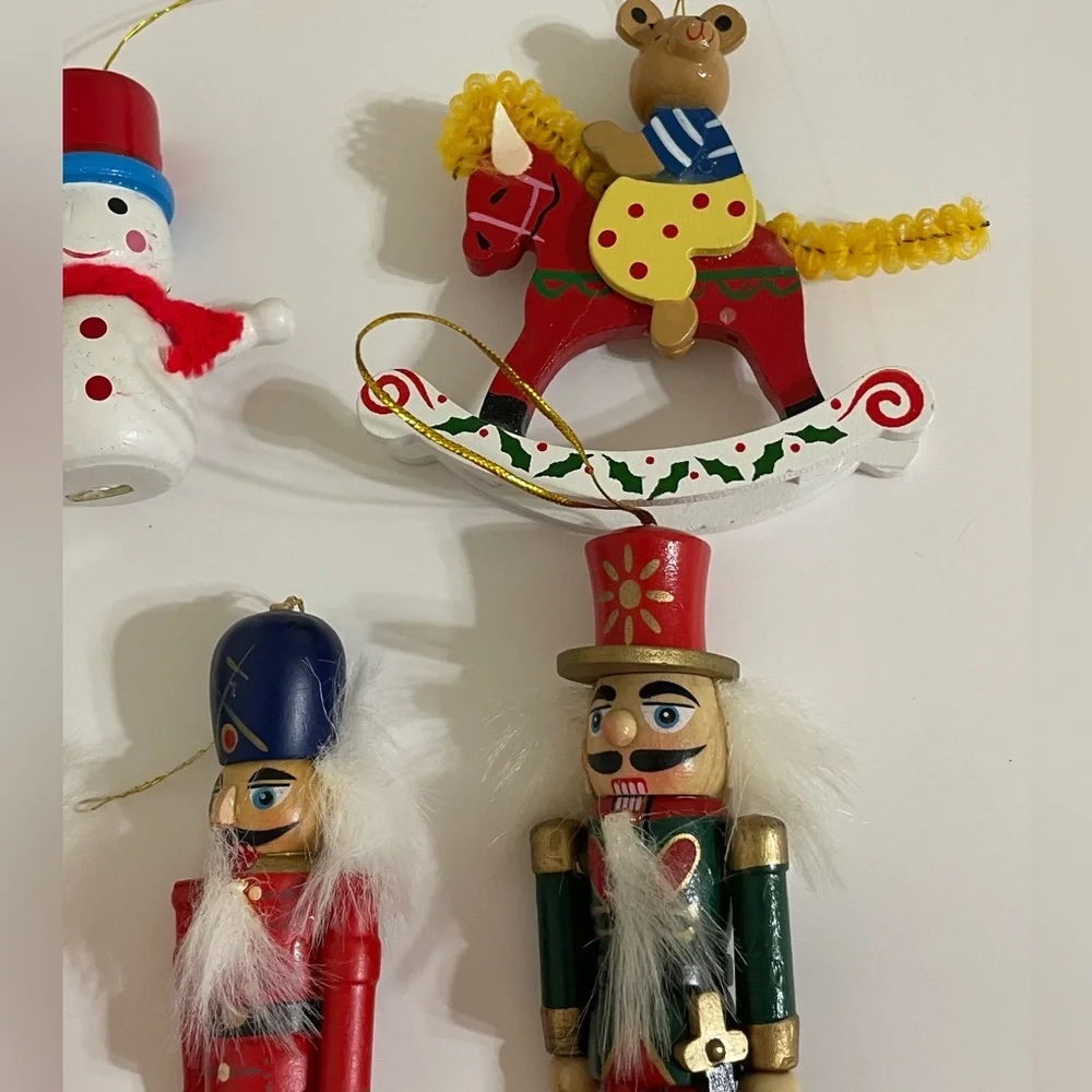 Vintage 1970s/1980s Wood Christmas Ornament Lot Kid Theme